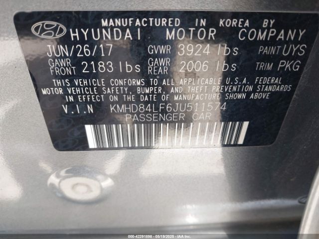 KMHD84LF6JU511574 Hyundai Elantra Value Edition