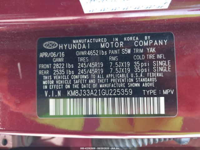 KM8J33A21GU225359 Hyundai Tucson Sport
