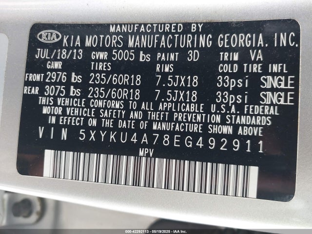 5XYKU4A78EG492911 KIA Sorento Ex V6