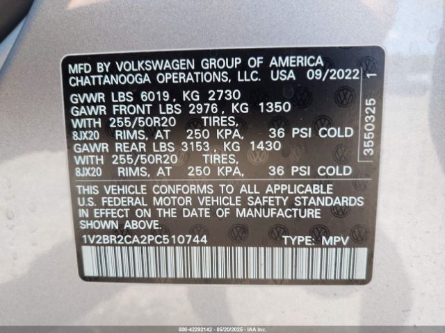 1V2BR2CA2PC510744 Volkswagen Atlas 3.6l V6 Sel