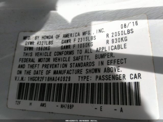 1HGCR2F18HA040929 Honda Accord Sport Se