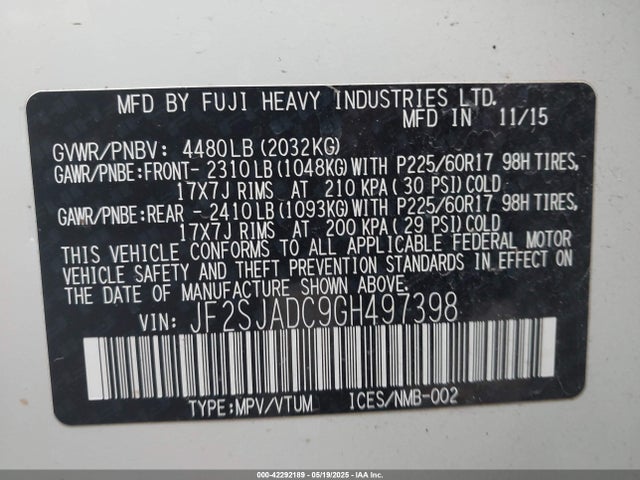 Subaru naturally aspirated u5 2016 JF2SJADC9GH497398 Image 9