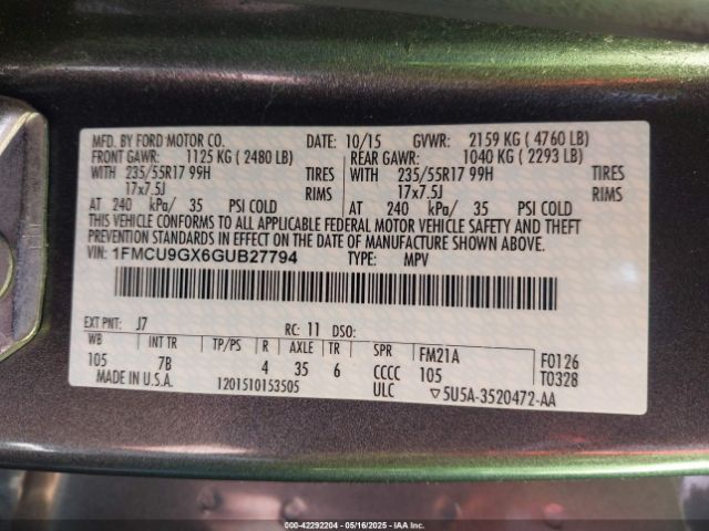 1FMCU9GX6GUB27794 Ford ESCAPE SE
