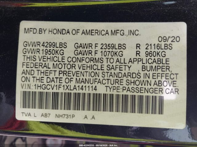 2020 HONDA ACCORD 1HGCV1F1XLA141114 Photo 8