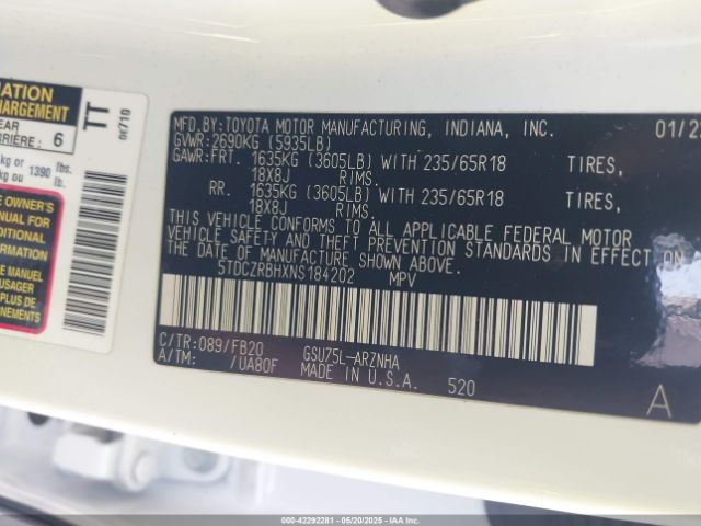 5TDCZRBHXNS184202 Toyota 2gr-fks