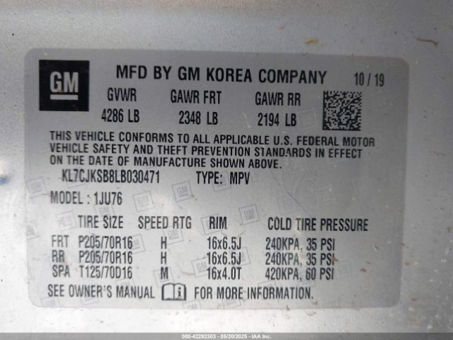KL7CJKSB8LB030471 Chevrolet Trax Fwd Ls