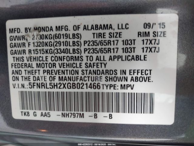 5FNRL5H2XGB021466 Honda ODYSSEY LX