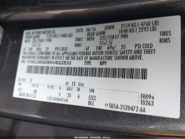 1FMCU9GD9HUB22533 Ford ESCAPE SE