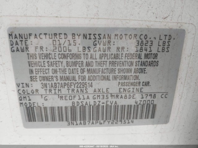 3N1AB7AP6FY229514 Nissan SENTRA SV