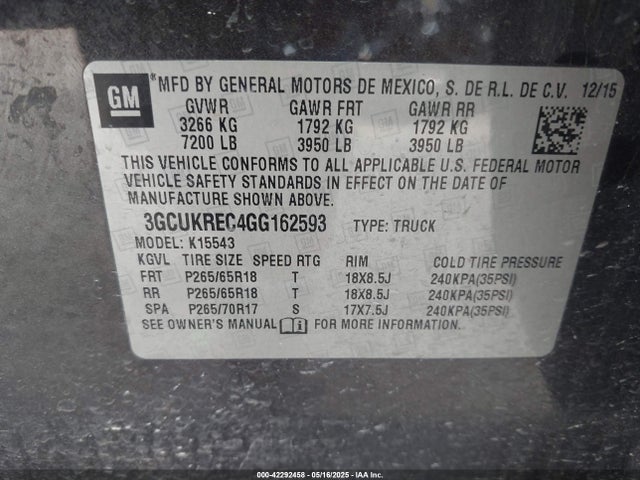 3GCUKREC4GG162593 Chevrolet l83 - sidi, vvt, afm, e85 max, aluminum
