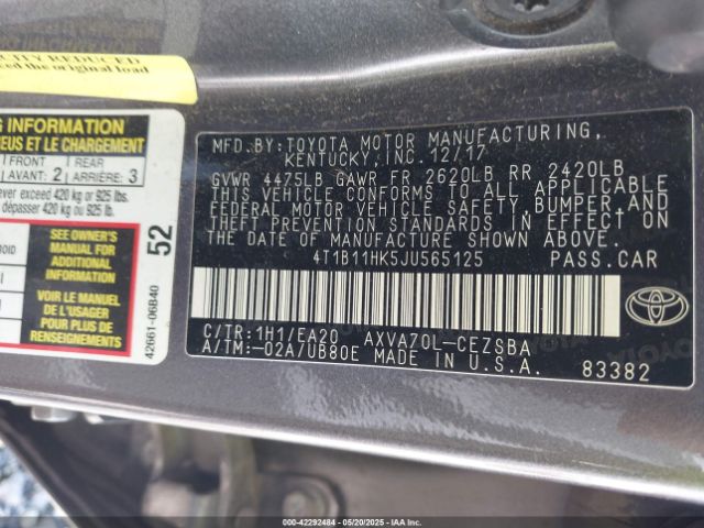 4T1B11HK5JU565125 Toyota CAMRY SE