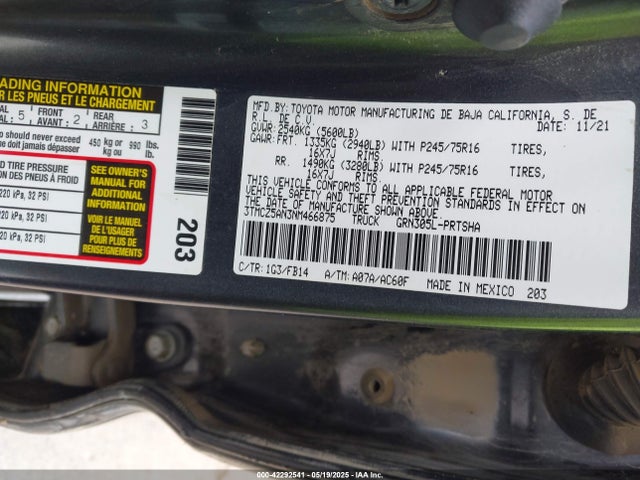 3TMCZ5AN3NM466875 Toyota 2gr-fks