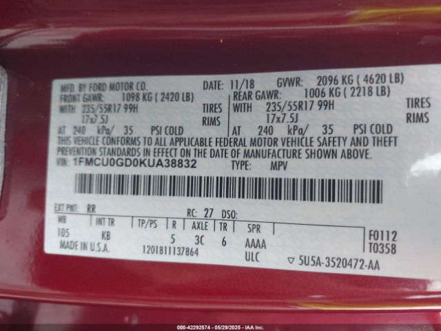 1FMCU0GD0KUA38832 Ford ESCAPE SE