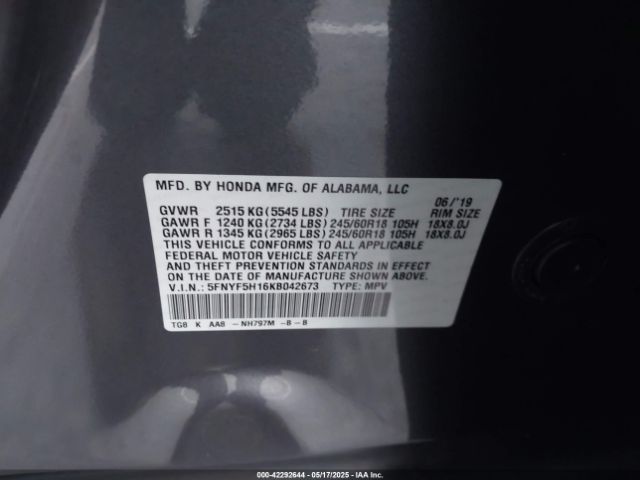 5FNYF5H16KB042673 Honda PILOT LX