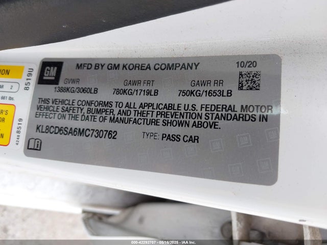 KL8CD6SA6MC730762 Chevrolet lv7 - mfi, variable valve timing, alum, gen 1 var 1