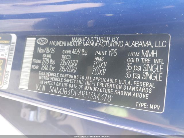5NMJB3DE4RH354378 Hyundai TUCSON SEL