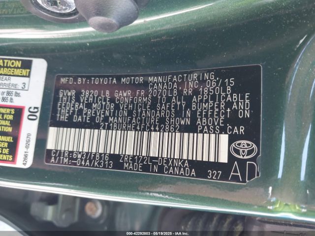 2T1BURHE4FC442862 Toyota COROLLA LE