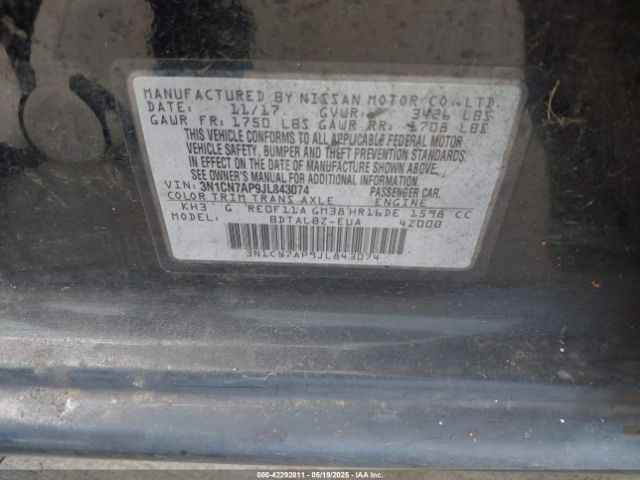 3N1CN7AP9JL843074 Nissan Versa 1.6 Sv