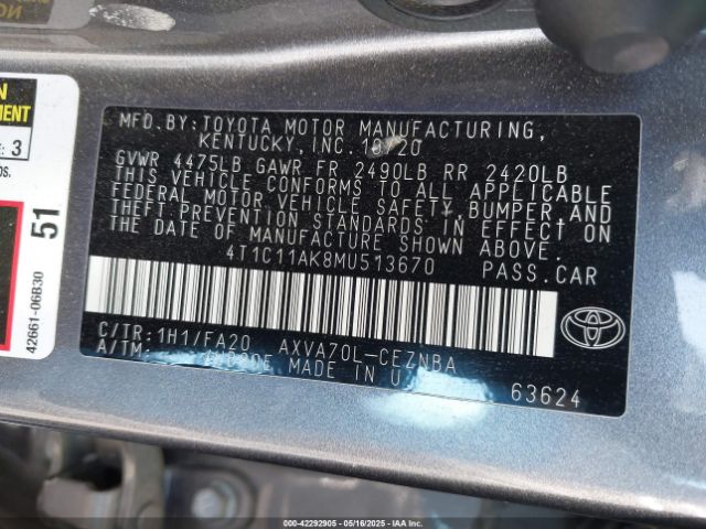 4T1C11AK8MU513670 Toyota CAMRY LE