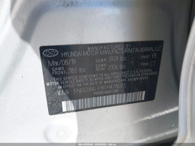 5NPD84LF8KH478075 Hyundai ELANTRA SEL