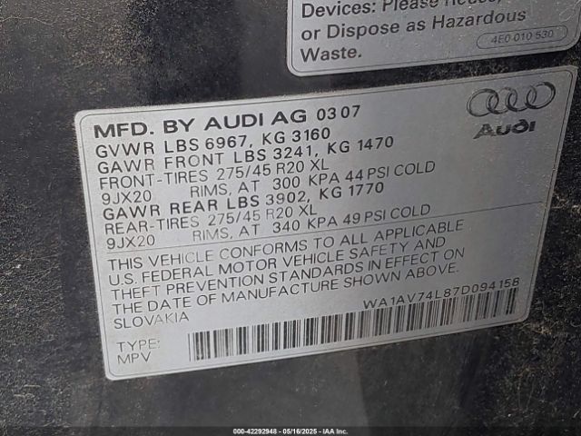2007 AUDI Q7 WA1AV74L87D094158 Photo 8