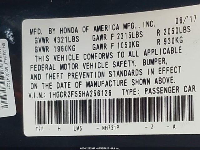 Honda Accord Sport 2017 1HGCR2F55HA256126 Image 9