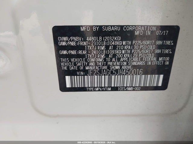 Subaru naturally aspirated u5 2018 JF2SJAGC5JH450016 Image 9