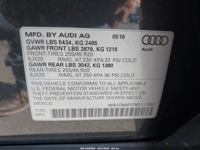 WA1CNAFY7K2117092 Audi Q5 45 Premium