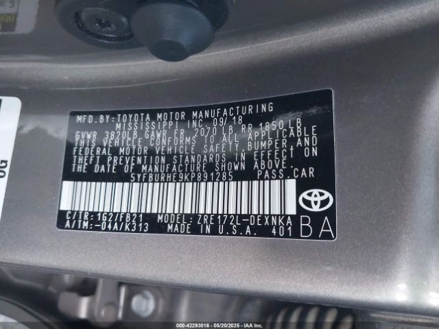 5YFBURHE9KP891285 Toyota 2zr-fe