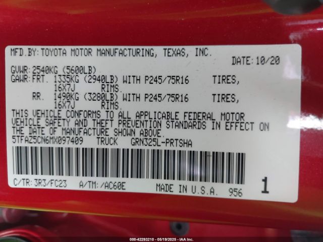 5TFAZ5CN6MX097409 Toyota Tacoma Sr5 V6
