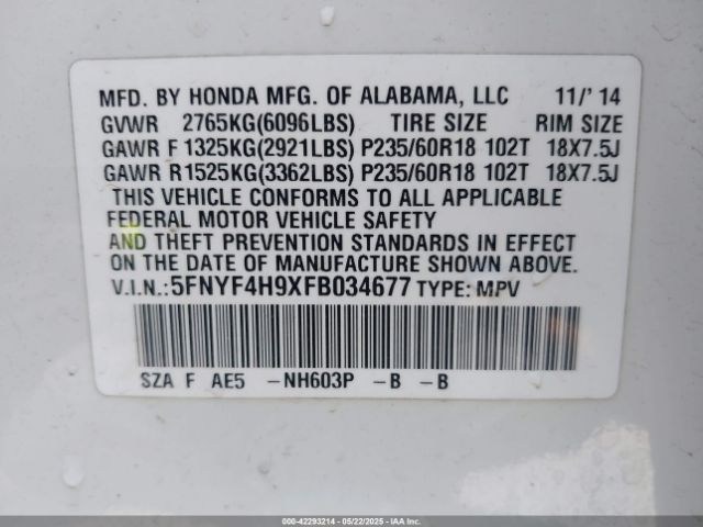 5FNYF4H9XFB034677 Honda Pilot Touring