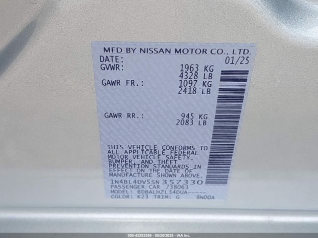 1N4BL4DV5SN357330 Nissan Altima Sv Fwd