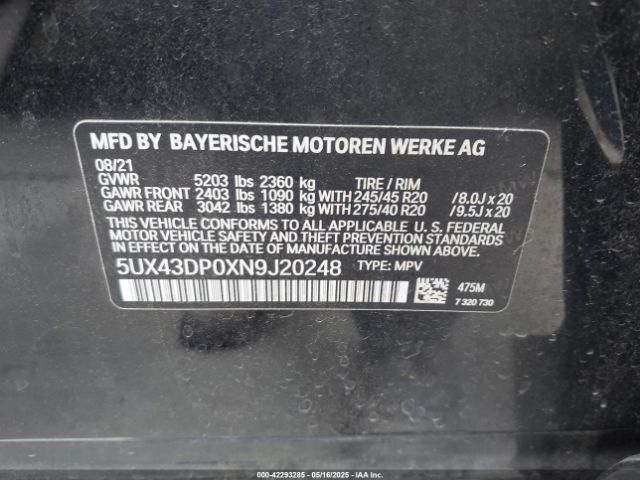 5UX43DP0XN9J20248 BMW X3 Sdrive30i