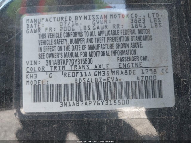 3N1AB7AP7GY315500 Nissan SENTRA S