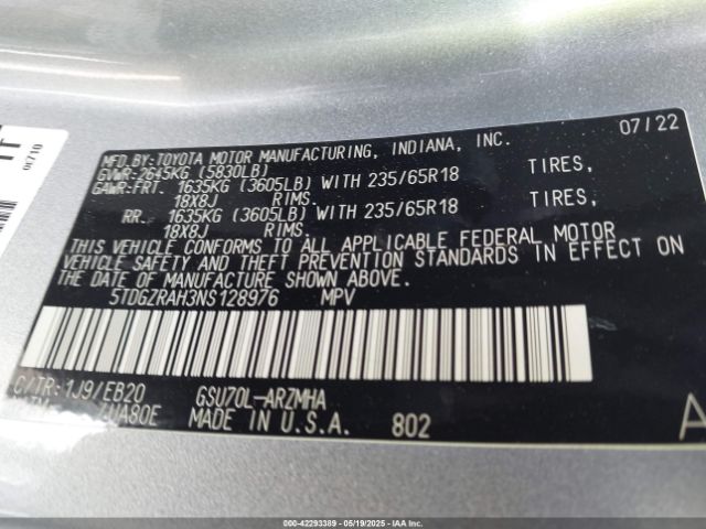 5TDGZRAH3NS128976 Toyota Highlander Xle