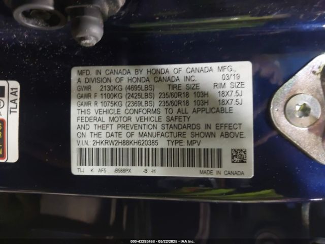 2HKRW2H88KH620385 Honda Cr-v Ex-l