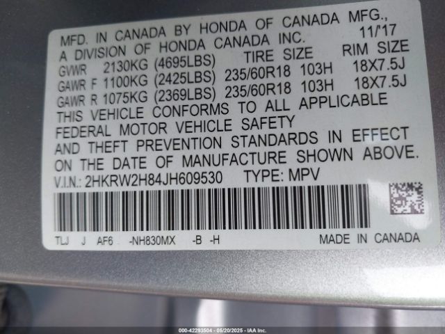 2HKRW2H84JH609530 Honda Cr-v Ex-l/ex-l Navi