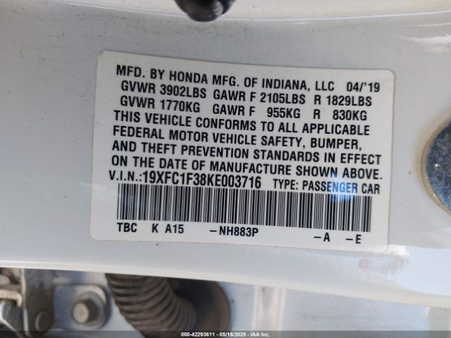 2019 HONDA CIVIC 19XFC1F38KE003716 Photo 8