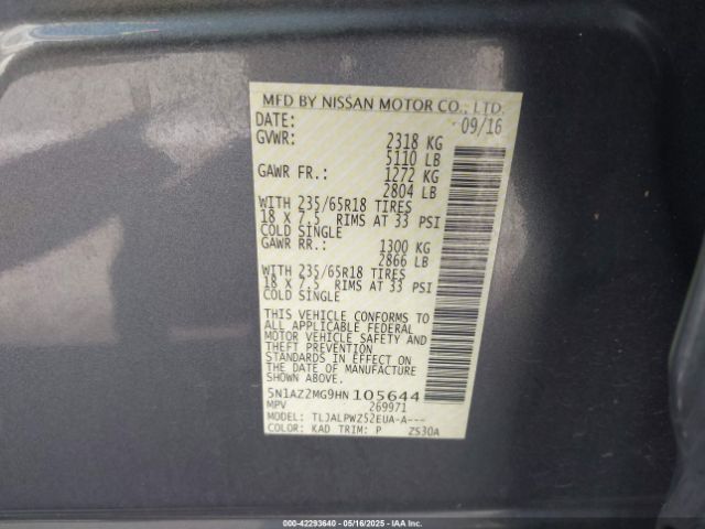 5N1AZ2MG9HN105644 Nissan MURANO S