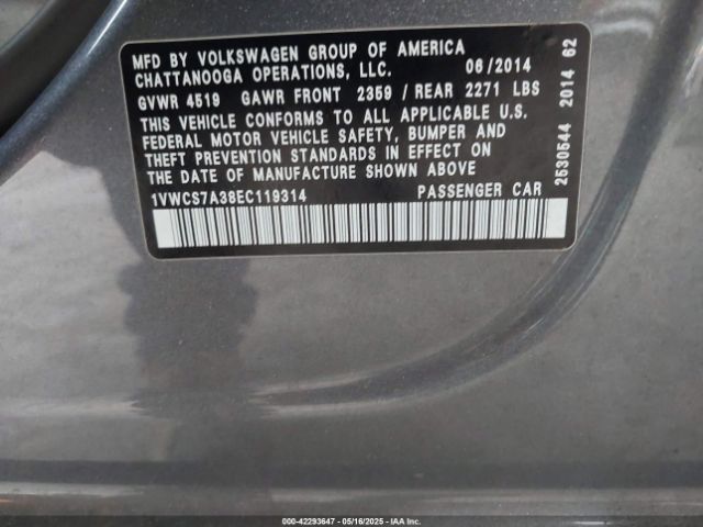 1VWCS7A38EC119314 Volkswagen Passat 1.8t Sel Premium