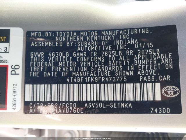 4T4BF1FK9FR473775 Toyota CAMRY LE