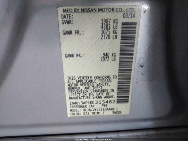 1N4BL3AP5EC315482 Nissan Altima 3.5 Sl