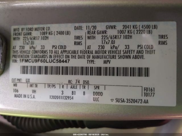 1FMCU9F60LUC58447 Ford ESCAPE S