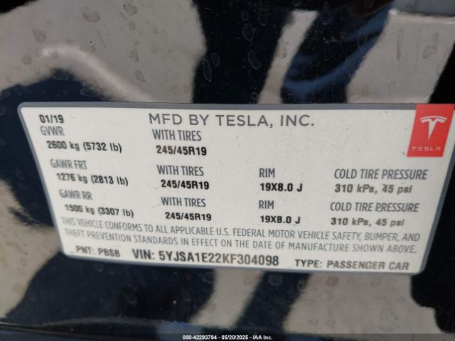 2019 TESLA MODEL S 5YJSA1E22KF304098 Photo 8