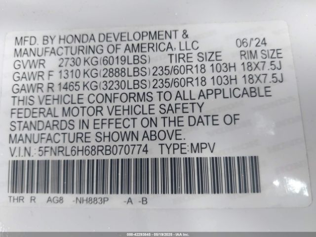 5FNRL6H68RB070774 Honda Odyssey Ex-l