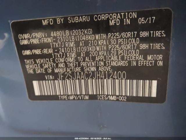 Subaru naturally aspirated u5 2018 JF2SJAAC2JH412400 Image 9