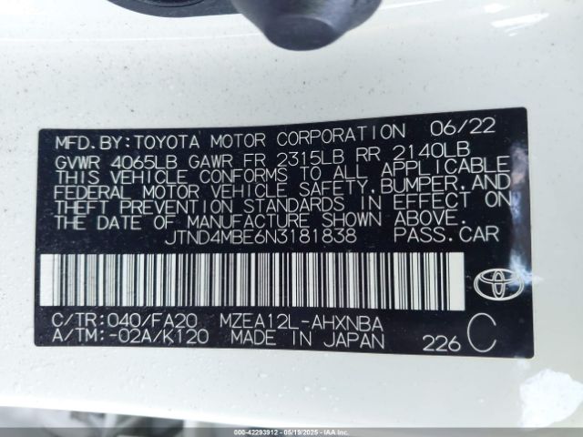 JTND4MBE6N3181838 Toyota Corolla Se Nightshade Edition