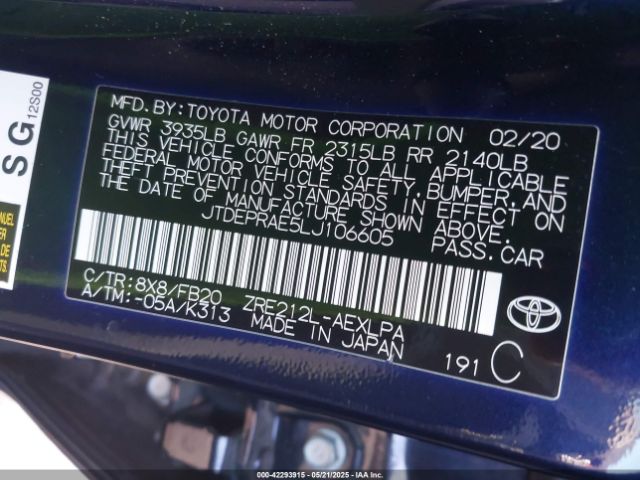 JTDEPRAE5LJ106605 Toyota COROLLA LE