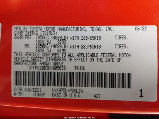 5TFPC5DB3NX005030 Toyota Tundra Hybrid Trd Pro