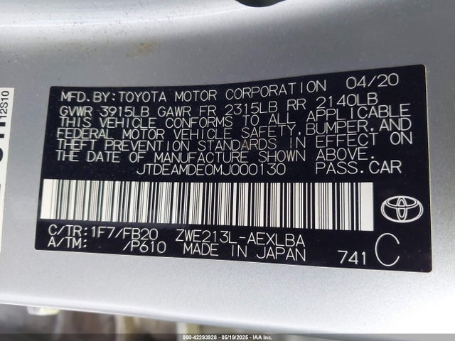 JTDEAMDE0MJ000130 Toyota 2zr-fxe, 1nm